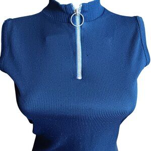Small Vintage 1970's Sleeveless Ribbed Navy Blue Mock Turtleneck Top Ring Zip